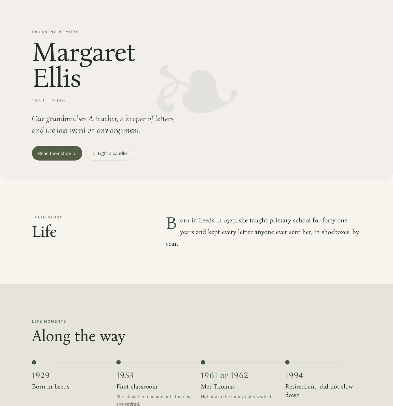 The memorial page on a desktop: a round portrait, the name in Hebrew and English, Gregorian and Hebrew dates, a life story, and memories from family