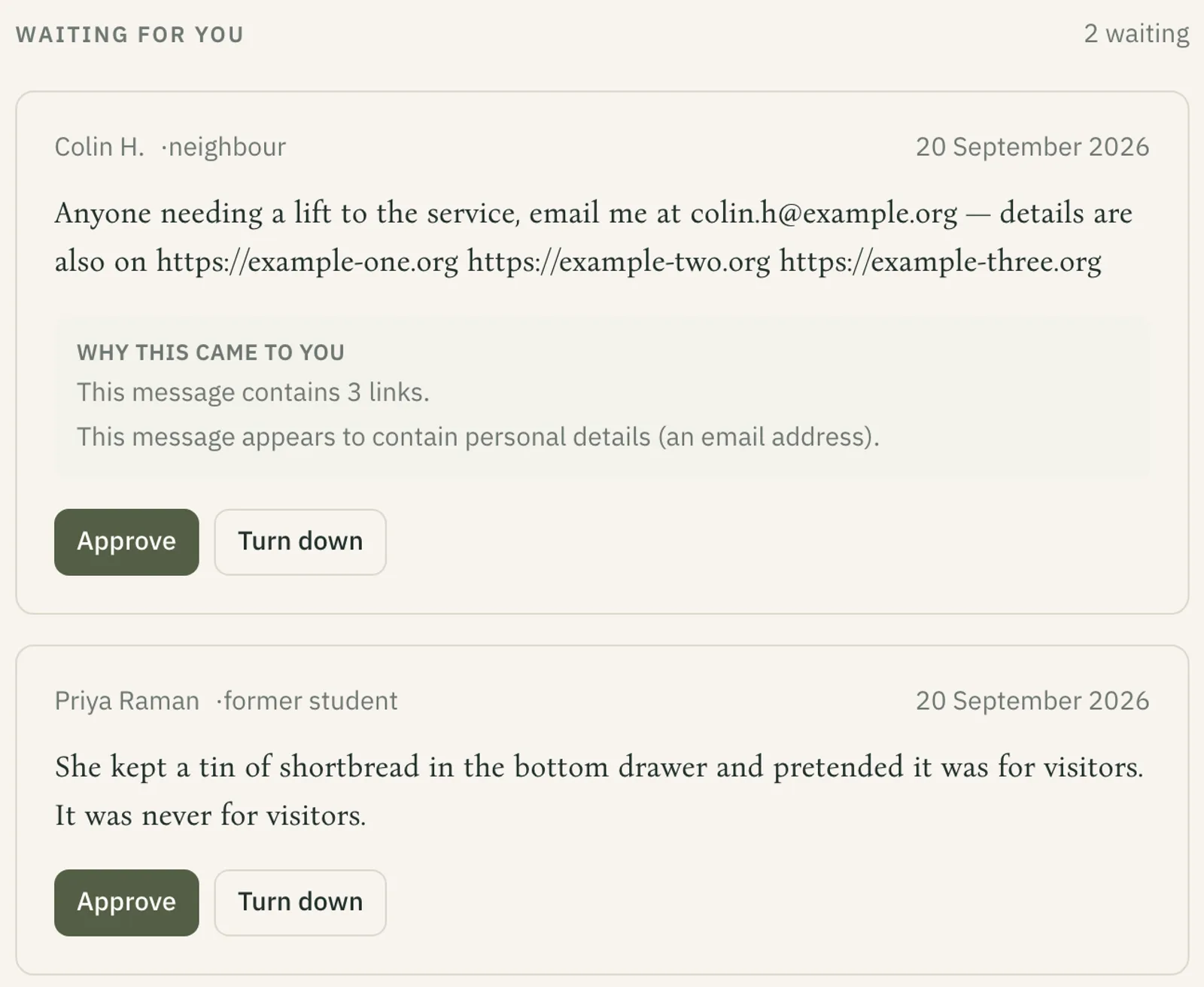 The approvals screen: two pending additions, each with a plain explanation of why it came for review — links, an email address, and automatic filtering